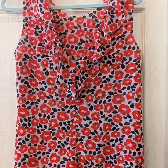 Blue and Red Floral Poppy Sheer Ruffle sleeveless blouse - Picture 5 of 10